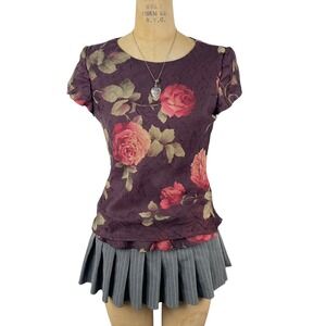 Vintage Dark Academia Floral Top Rose Print Textured Women M 90s Style Romantic